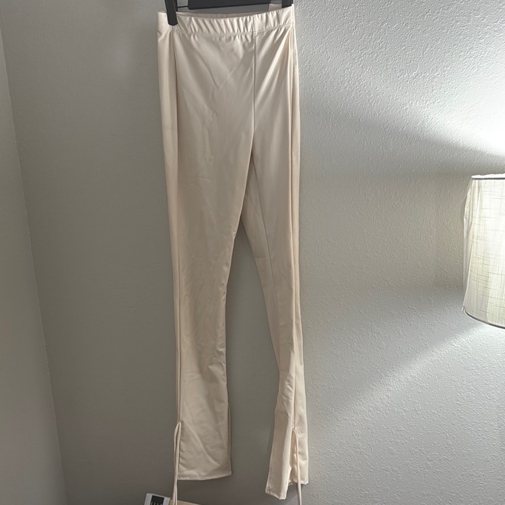 Cream High-Waisted leather Pants